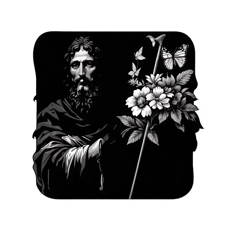 San Judas Tadeo con flores y mariposas with staff in right hand tattoo design idea