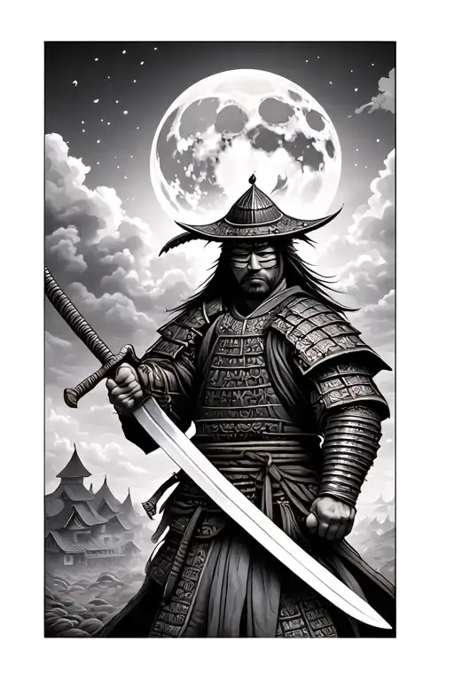 Samurai warrior holding sword in front of face. Burning village in background. Moon high in the sky, partly cloudy tattoo design idea