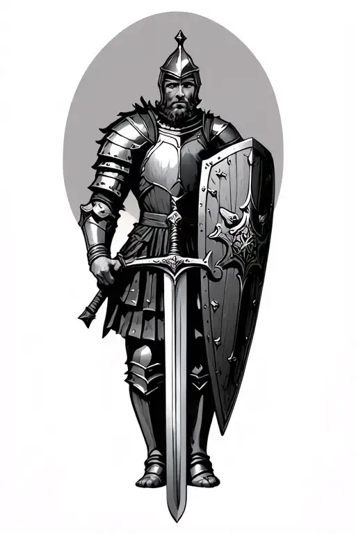 Scottish knight one 1 knee in armor wielding sword and shield  tattoo design idea