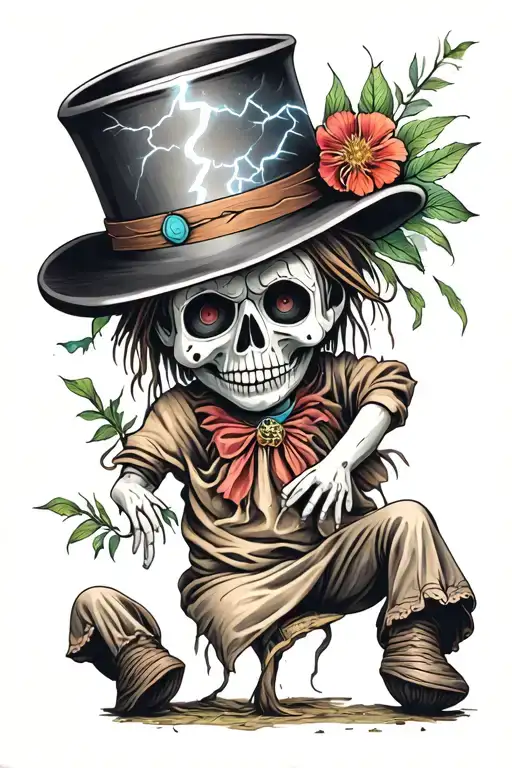 voodoo doll with cylinder hat and nature scene and lightning storm tattoo design idea