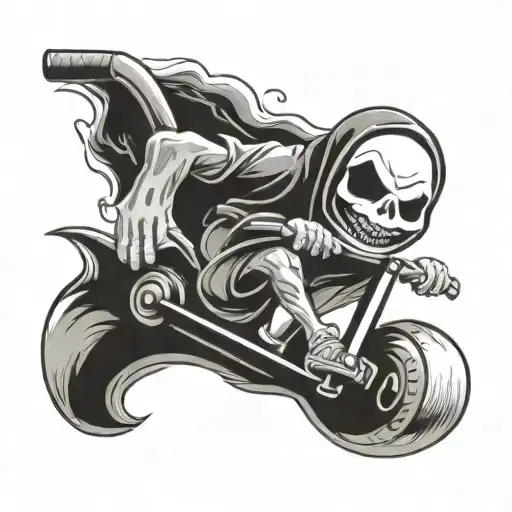 ghost face with tattoo's and muscles riding a kids push scooter  tattoo design idea