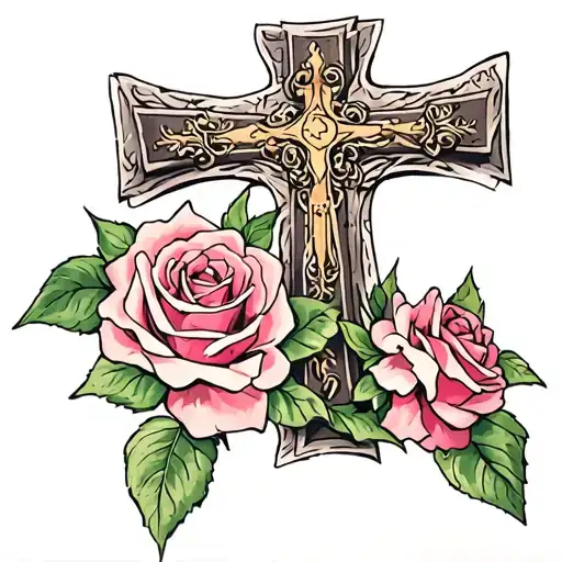 cross and 3 roses under it tattoo design idea