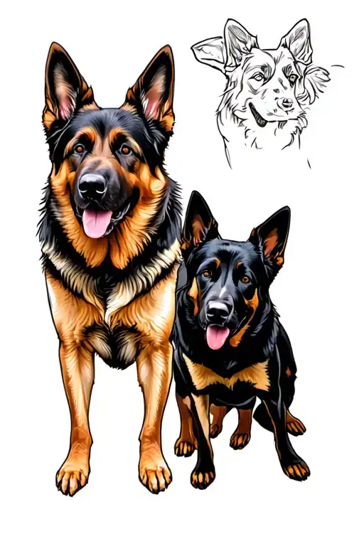 2 german shepherd dogs, 1 dog is black, the other dog is black and tan. tattoo design idea