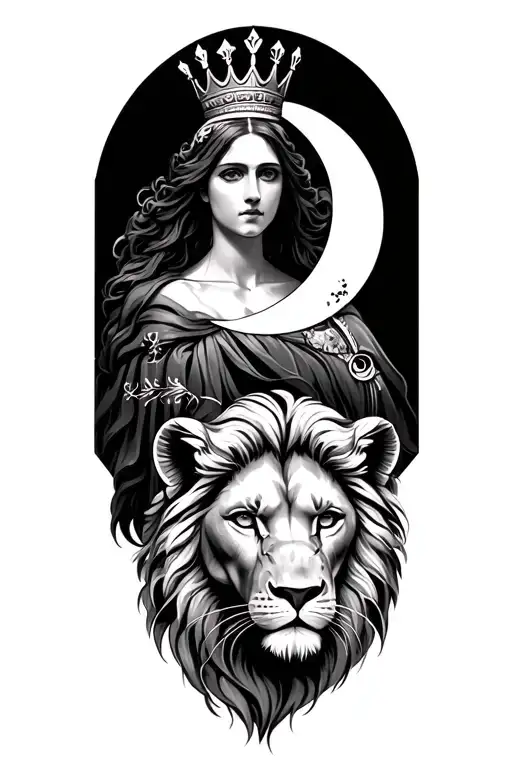 leto greek goddes wearing small crown with moon and lion tattoo design idea