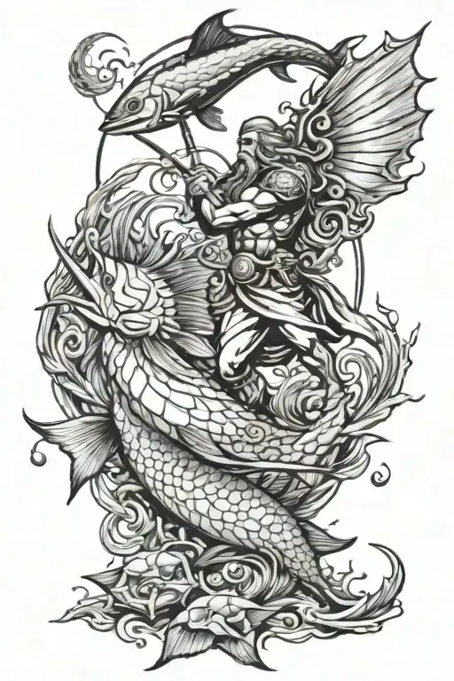 Poseidon with a sailfish and turle that are swining around Poseidon tattoo design idea