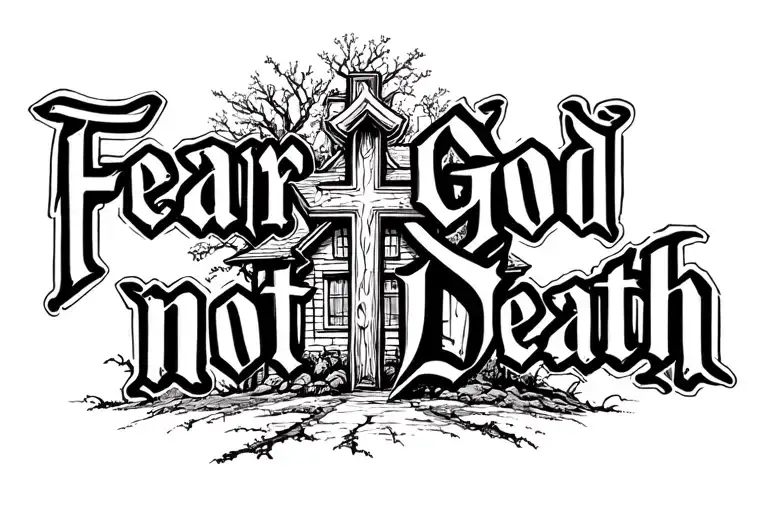 "Fear god not death " cross surrounded in a house tattoo design idea