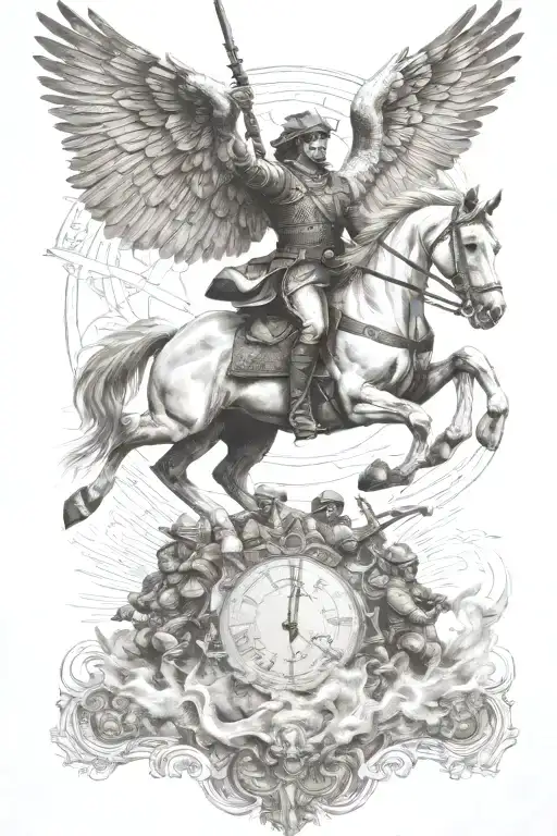 angel ride horse galloping through the war scene tattoo design idea