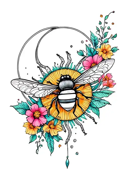 fine line tattoo with bee sun moon and coloured flowers tattoo design idea