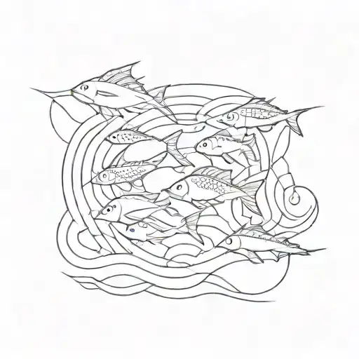 line art school of 5 different minimalistic fish tattoo design idea
