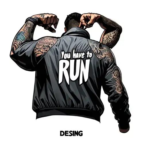 the Desing on the back of David jacket from cyberpunk edgerunners going around the bicep with the text "you have to run" tattoo design idea
