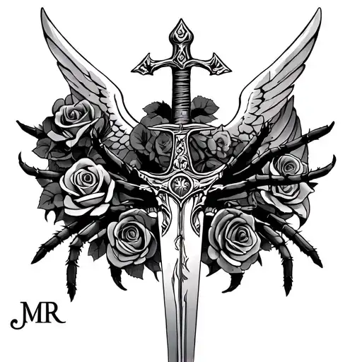 st archangel Michael sword trhu roses with a tarantula on the side with JMR writing  tattoo design idea
