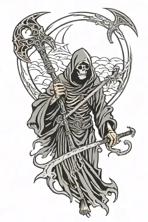 grim reaper holding scythe moon behind him tattoo design idea