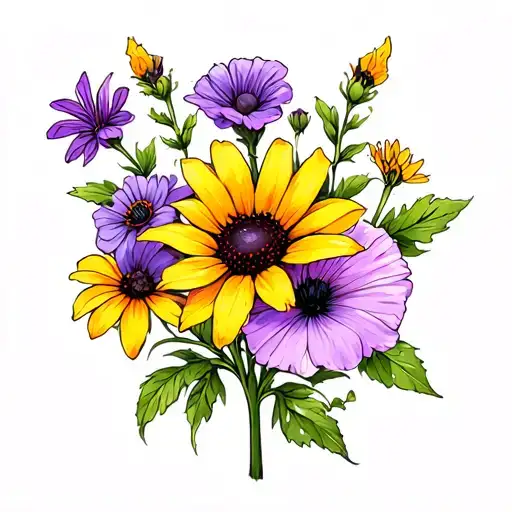 Black eyed Susan’s, lavender, butterfly weed, cone flower, poppy, phlox tattoo design idea