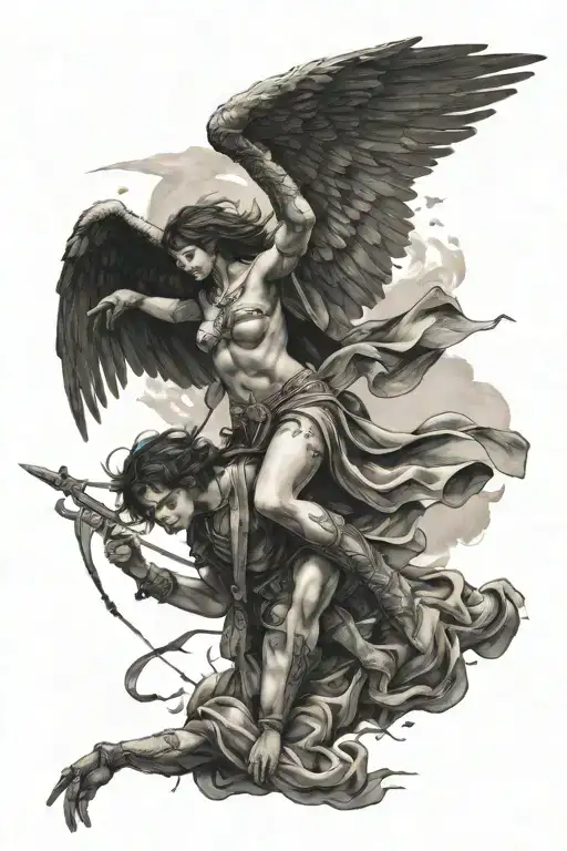 dark fallen angel falling war scene tattoo design idea