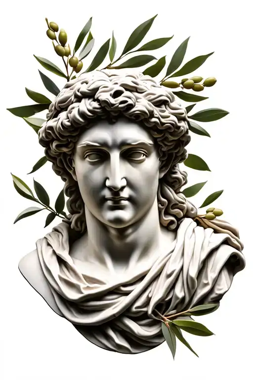 Roman bust sculpture with olive branches and drapes tattoo design idea