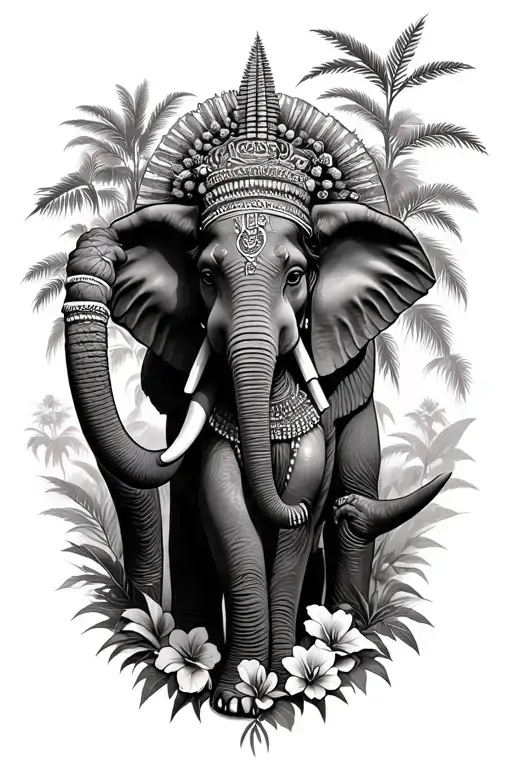 African goddess guarding an elephant surrounded by african trees and flowers tattoo design idea