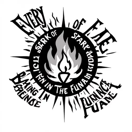 the words “every spark of fire blazing in the furnace” written in a circle around a bigger flame with a small flame insi tattoo design idea