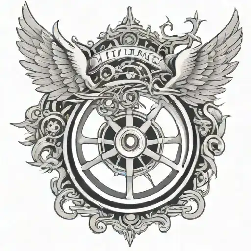 wheel with wings coming from center of wheel with the phrase going on a living spree incorporated  tattoo design idea