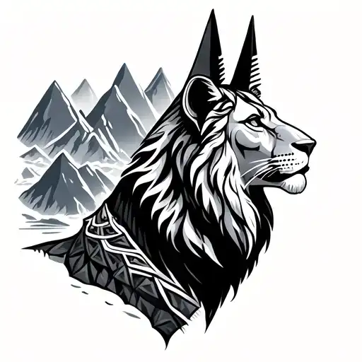 Lion, anubis and mountains tattoo design idea