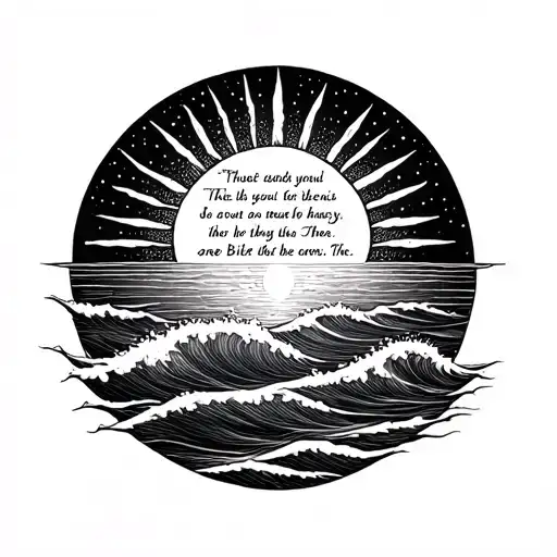 A dotwork tattoo of a sun rising over a calm ocean with a Bible verse incorporated in the waves tattoo design idea