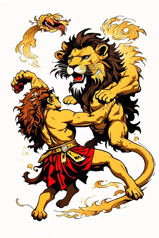 Samson from the Bible vs lion fighting tattoo design idea