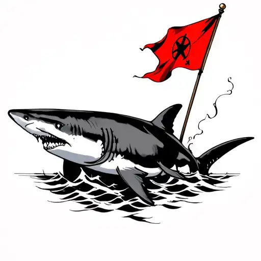 bull shark tattoo holding small red flag wrapped tattoo design idea