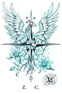 "C, Z, C, L" phoenix , a butterfly, Daffodils, aquamarine, a compass with stars gaxly, heartbeat line, semicolon, medical symbol  tattoo design idea