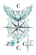 "C, Z, C, L" phoenix , a butterfly, Daffodils, aquamarine, a compass with stars gaxly, heartbeat line, semicolon, medical symbol  tattoo design idea