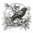 Black forest background, skull with a black raven sitting on it tattoo design idea