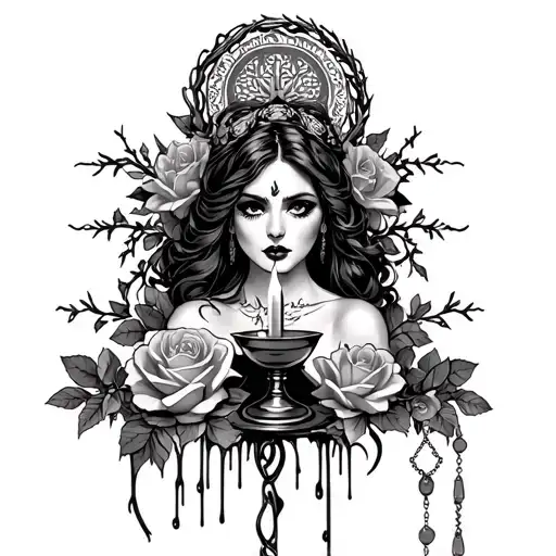 pin up priestess, thorned mandala halo, chalice, rosary, flogger, rose, votive candles, blossoms, thorn vines, drippiing tattoo design idea