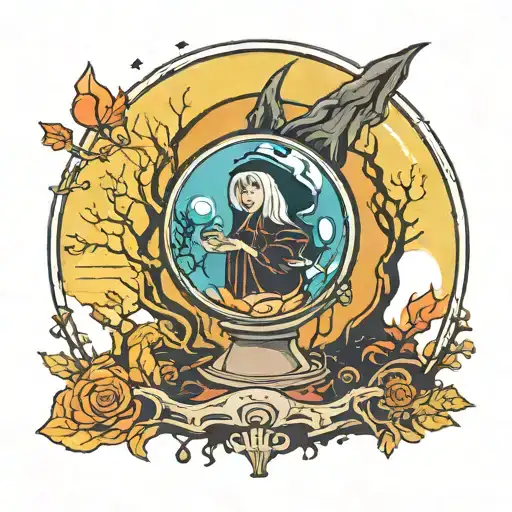 A tarot card featuring a witch with a magical crystal ball in a dark forest tattoo design idea