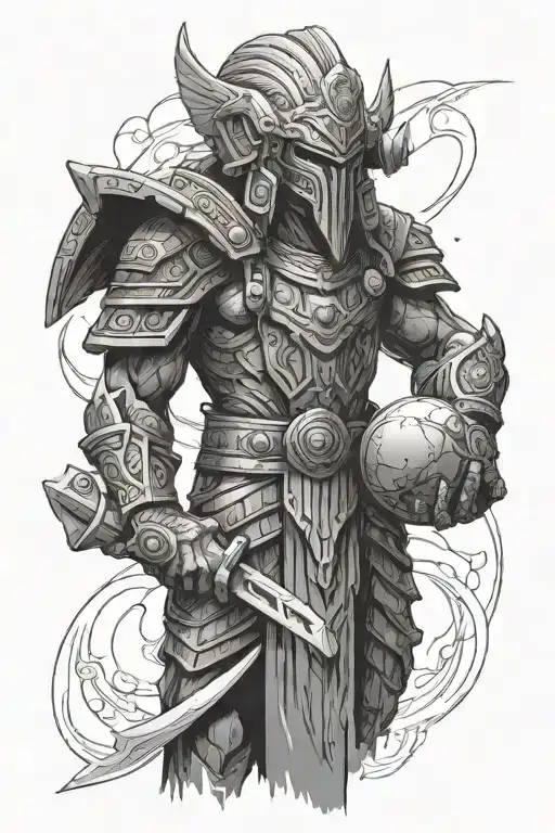 anunaki warrior / traveller standing with futuristic object on the hand   tattoo design idea