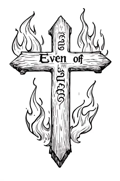 wooden cross surrounded by fire with the words even if on the cross tattoo design idea