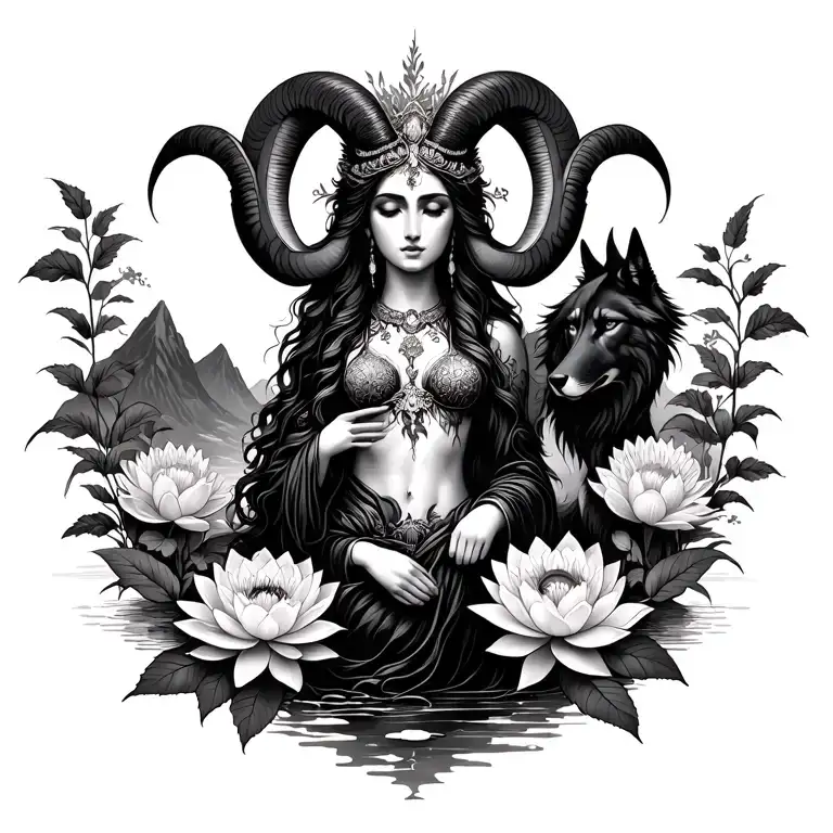 Aries goddess surrounded by poeny and lotus flowers with a black wolf and mountains tattoo design idea
