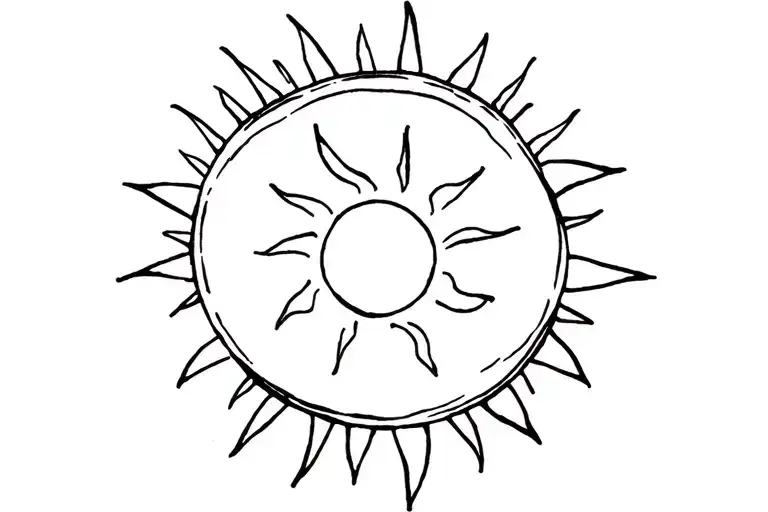 A minimalist vintage tattoo design featuring a simple round sun with short rays, no face, drawn in fine black line art.  tattoo design idea