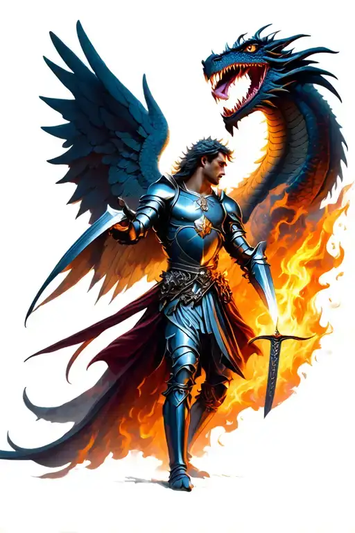 st. Michael archangel in armor holding a sword in flames against a forceful dragon  tattoo design idea