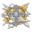 cross in stone beneath clouds and sun rays tattoo design idea