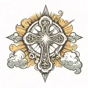 cross in stone beneath clouds and sun rays tattoo design idea