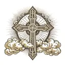 cross in stone beneath clouds and sun rays tattoo design idea