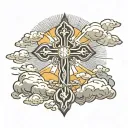 cross in stone beneath clouds and sun rays tattoo design idea