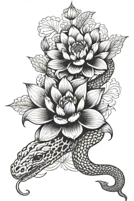 snake and lotus flowers tattoo design idea