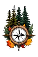 A detailed compass featuring fall leaves and pine trees    tattoo design idea