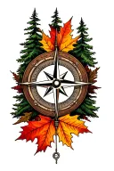 A detailed compass featuring fall leaves and pine trees    tattoo design idea