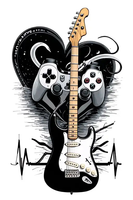 stratocaster guitar, ps5 controller, fishing hook, heart beat intertwined tattoo design idea