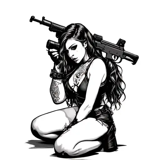 Draw me trad pinup of a trad goth girl on her knees holding an ak47 (side view) and have the gun that she’s hol tattoo design idea