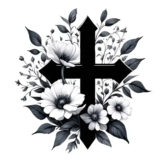 Negative Space Cross surrounded by flowers growing tattoo design idea