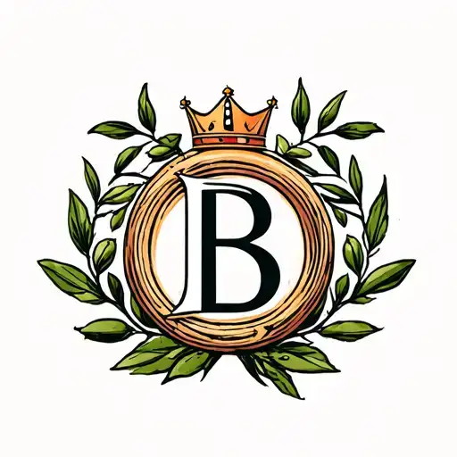 letter b with a crown on top inside of an olive branch circle  tattoo design idea