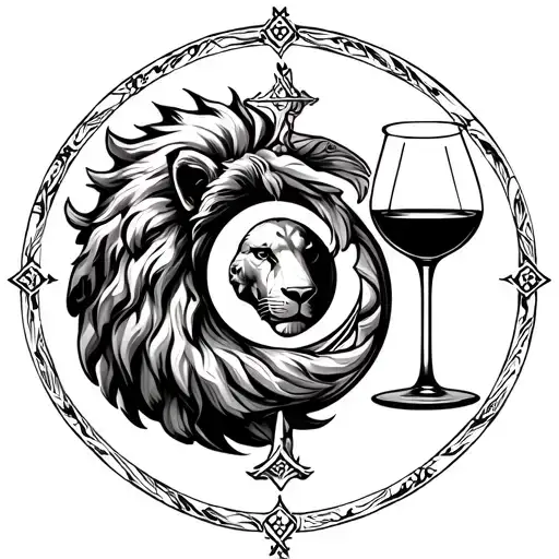 enso circle with stoic symbols - lion for courage, book for knowledge, scales for justice, and the half filled wine glas tattoo design idea