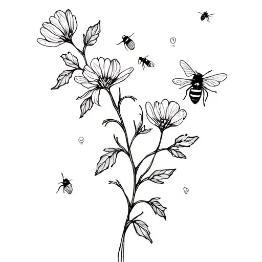 birth flowers for January, May, July, August and December as one in a braided twig and tiny bees tattoo design idea