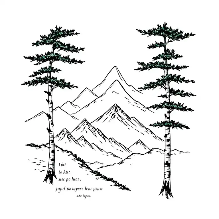 birch trees with mountains in the background with words in tiny print at the base  tattoo design idea